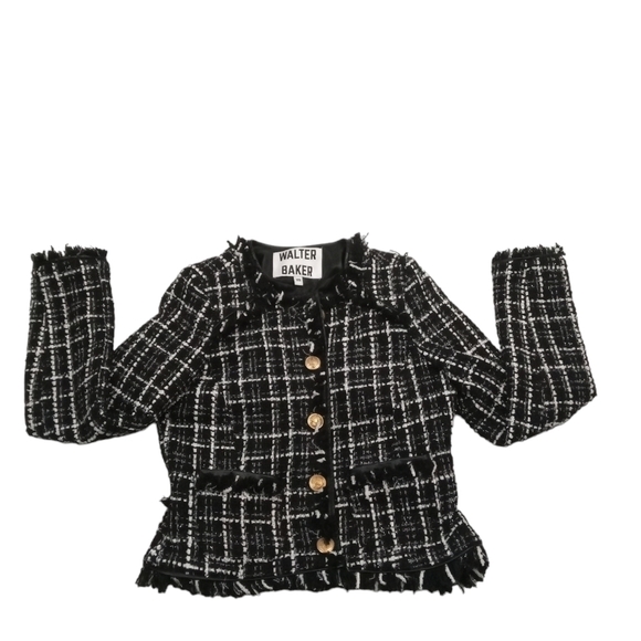 Walter Baker Women's Frayed Hem Tweed Blazer Metallic Threads Gold Button XS - Picture 4 of 9